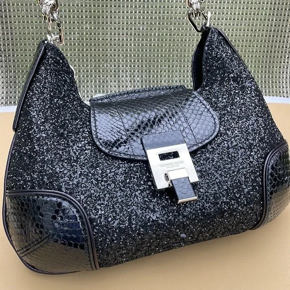 Michael Kors Collection Bancroft Medium Glitter and Snakeskin Shoulder Bag - Picture 6 of 15